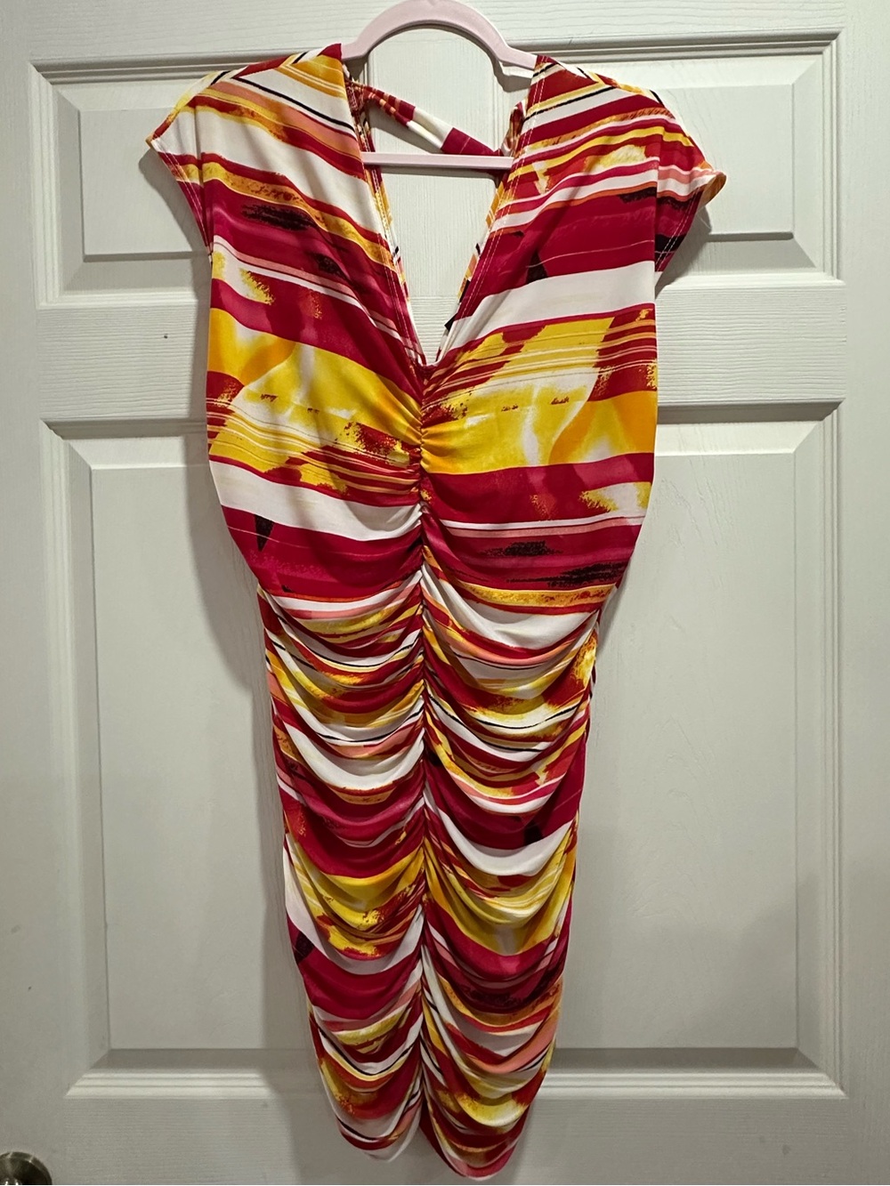 Ruched V-Neck Midi Dress in Red, Yellow & White